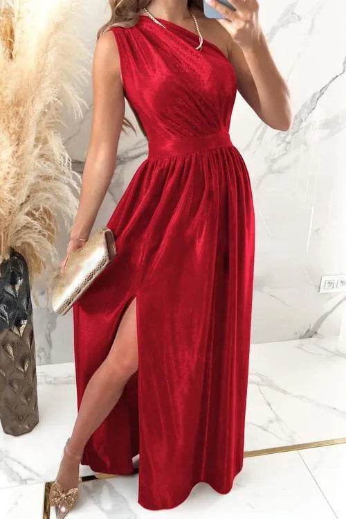 One Shoulder Slit Ruched Maxi Dress - Bona Fide Fashion