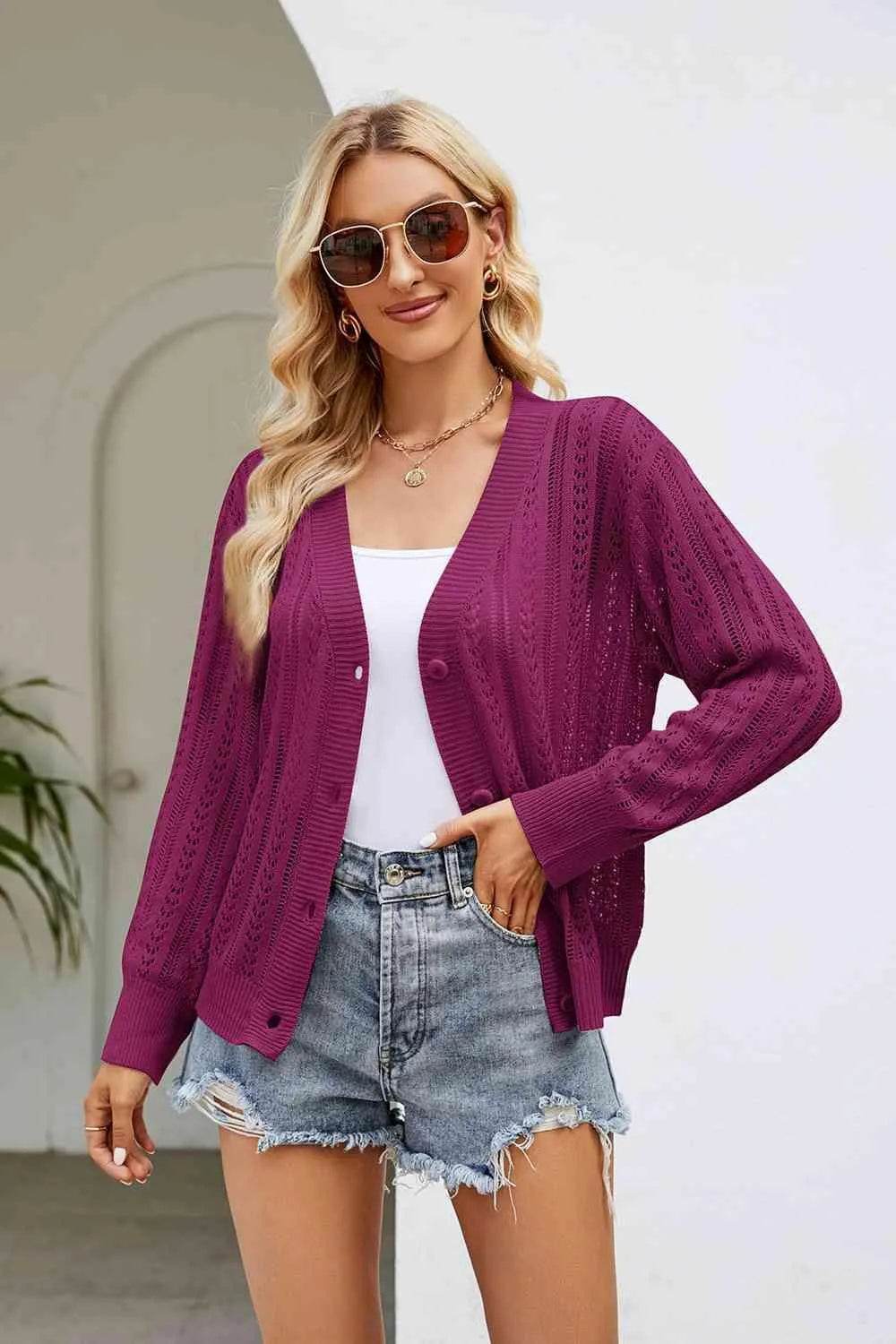 Openwork Button Front V-Neck Cardigan - Bona Fide Fashion