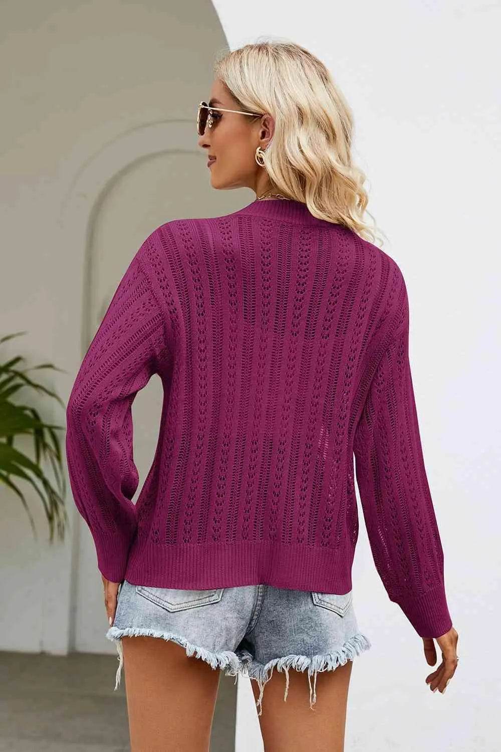 Openwork Button Front V-Neck Cardigan - Bona Fide Fashion