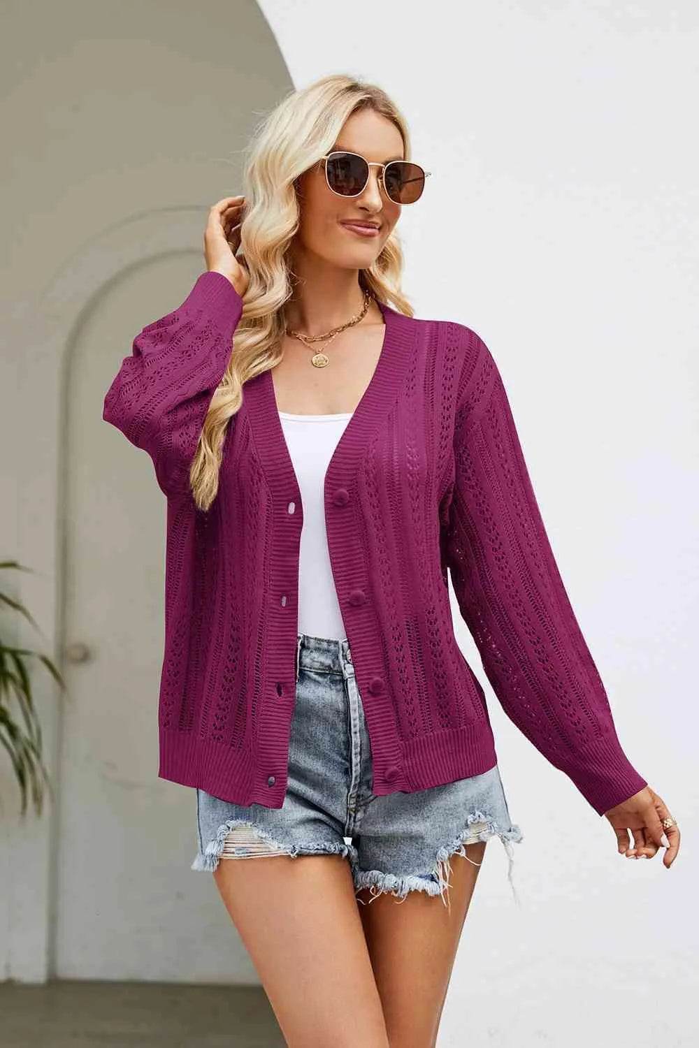 Openwork Button Front V-Neck Cardigan - Bona Fide Fashion