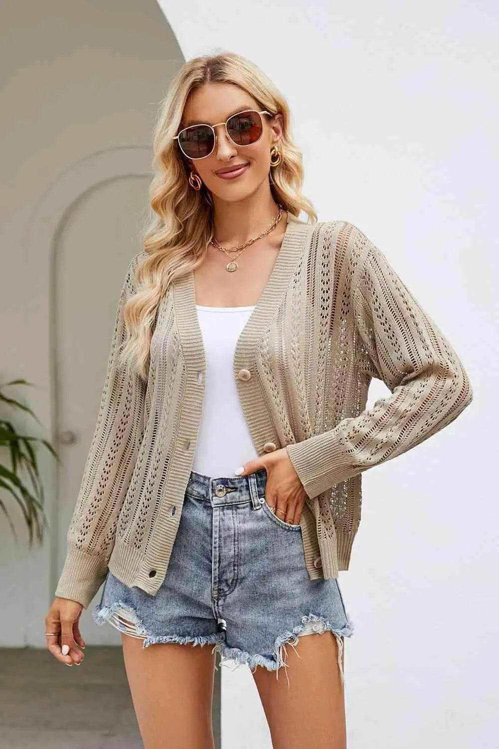 Openwork Button Front V-Neck Cardigan - Bona Fide Fashion