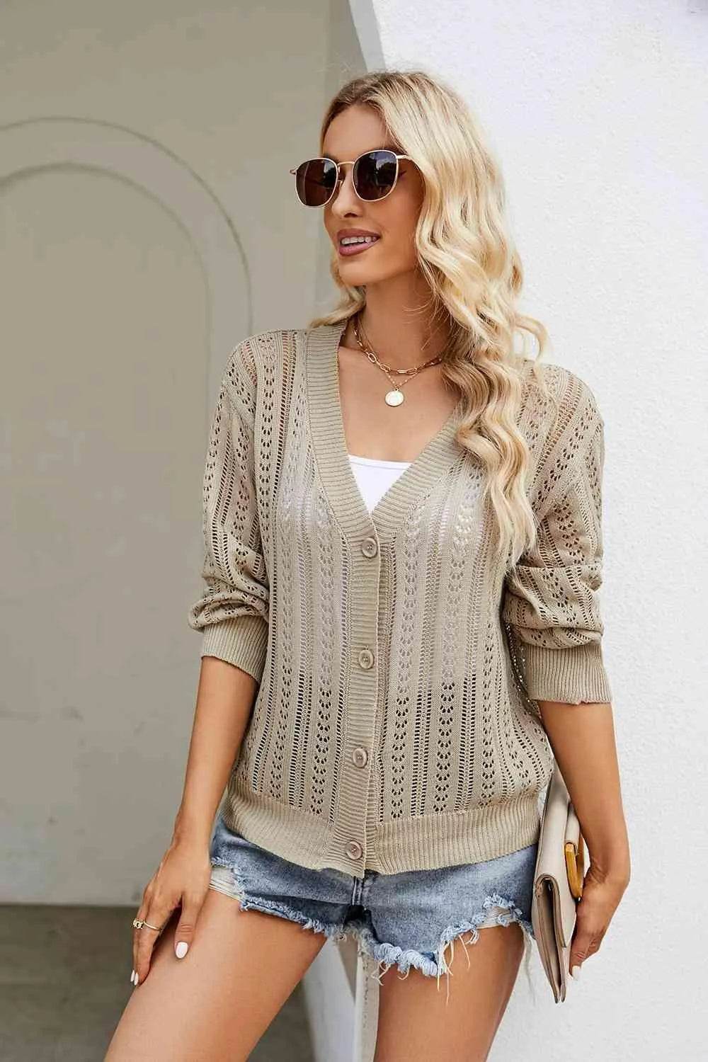 Openwork Button Front V-Neck Cardigan - Bona Fide Fashion