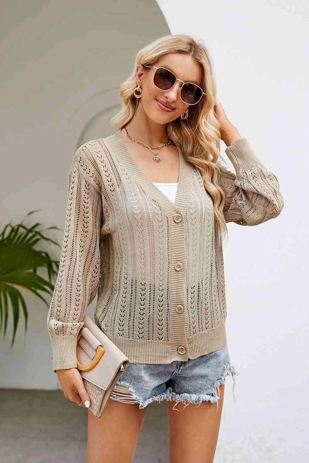 Openwork Button Front V-Neck Cardigan - Bona Fide Fashion