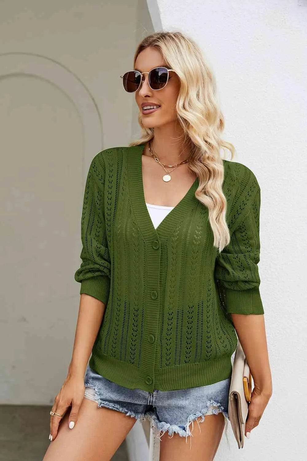 Openwork Button Front V-Neck Cardigan - Bona Fide Fashion