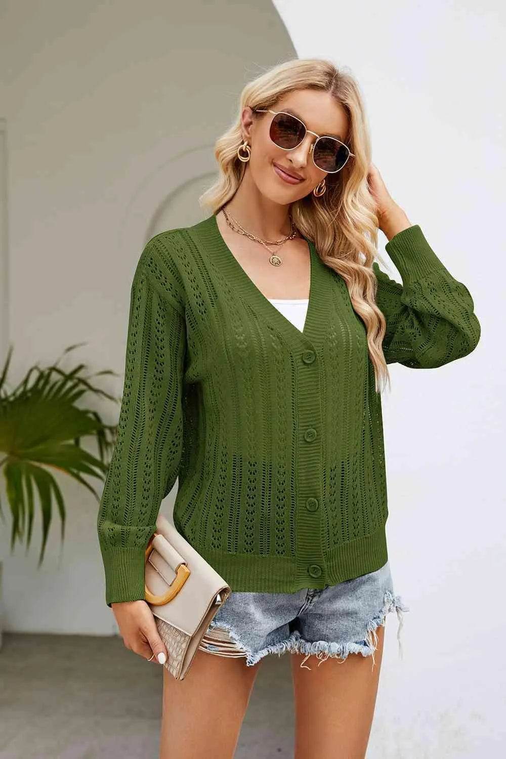 Openwork Button Front V-Neck Cardigan - Bona Fide Fashion