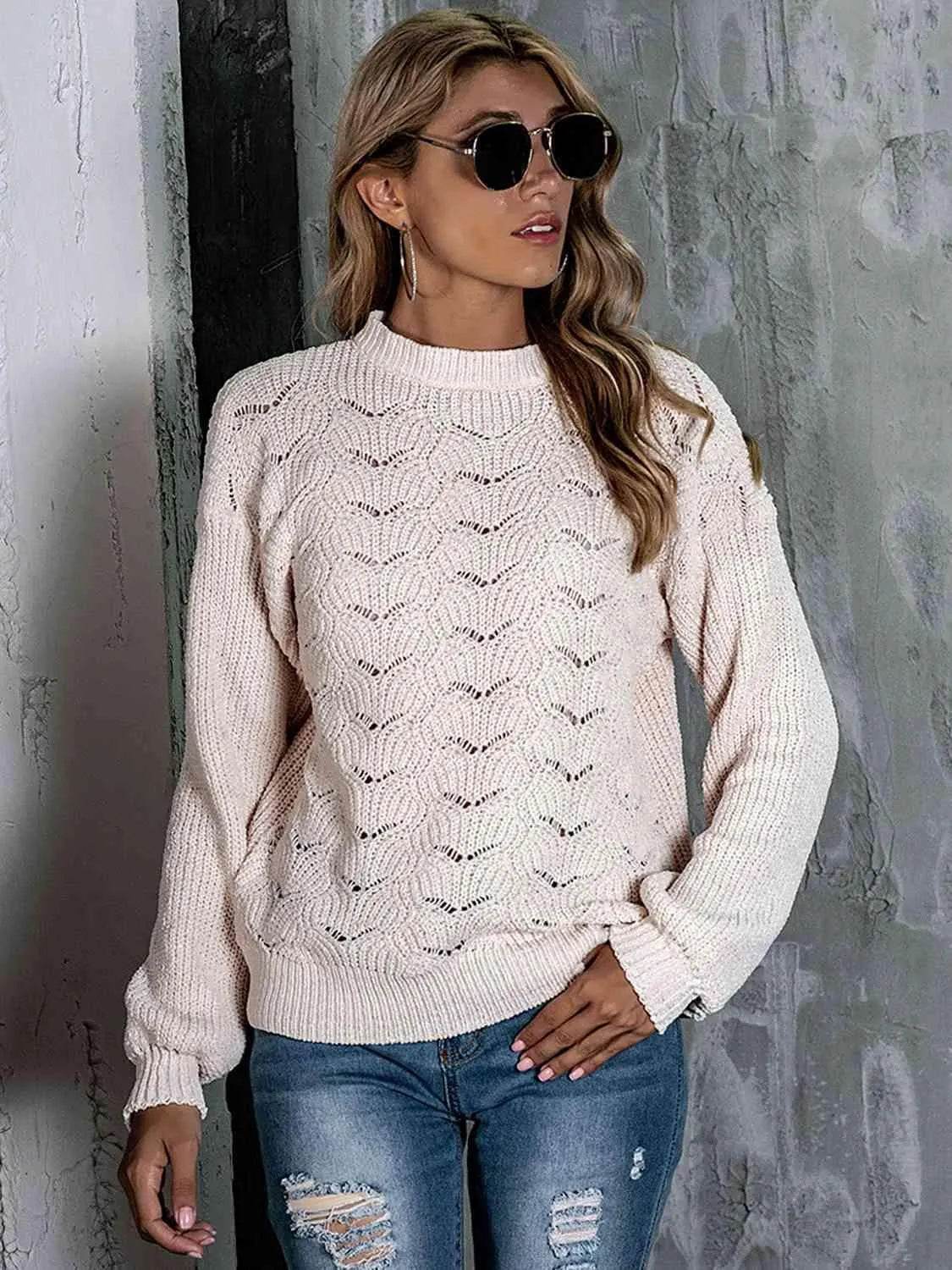 Openwork Mock Neck Long Sleeve Sweater - Bona Fide Fashion