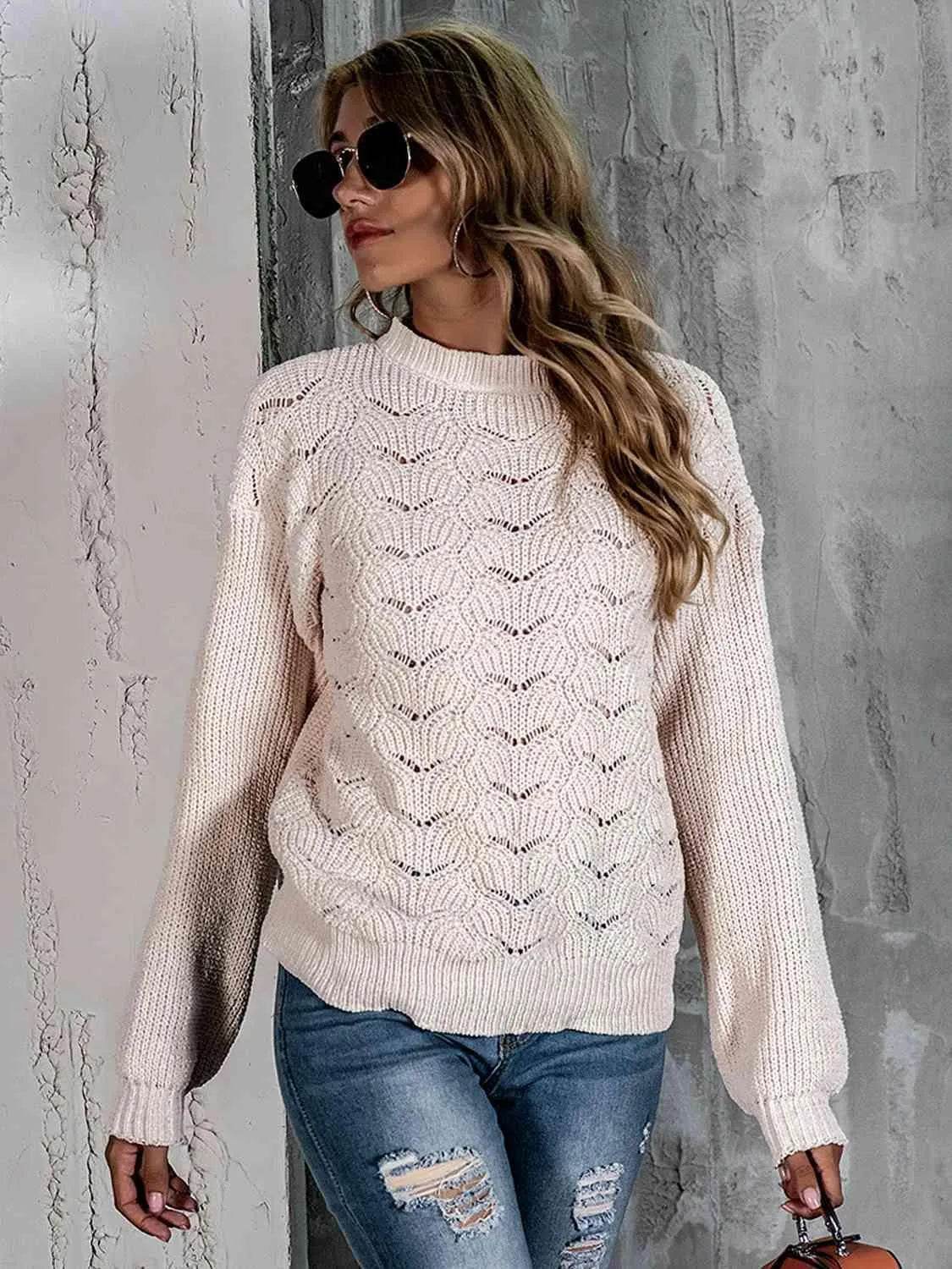 Openwork Mock Neck Long Sleeve Sweater - Bona Fide Fashion