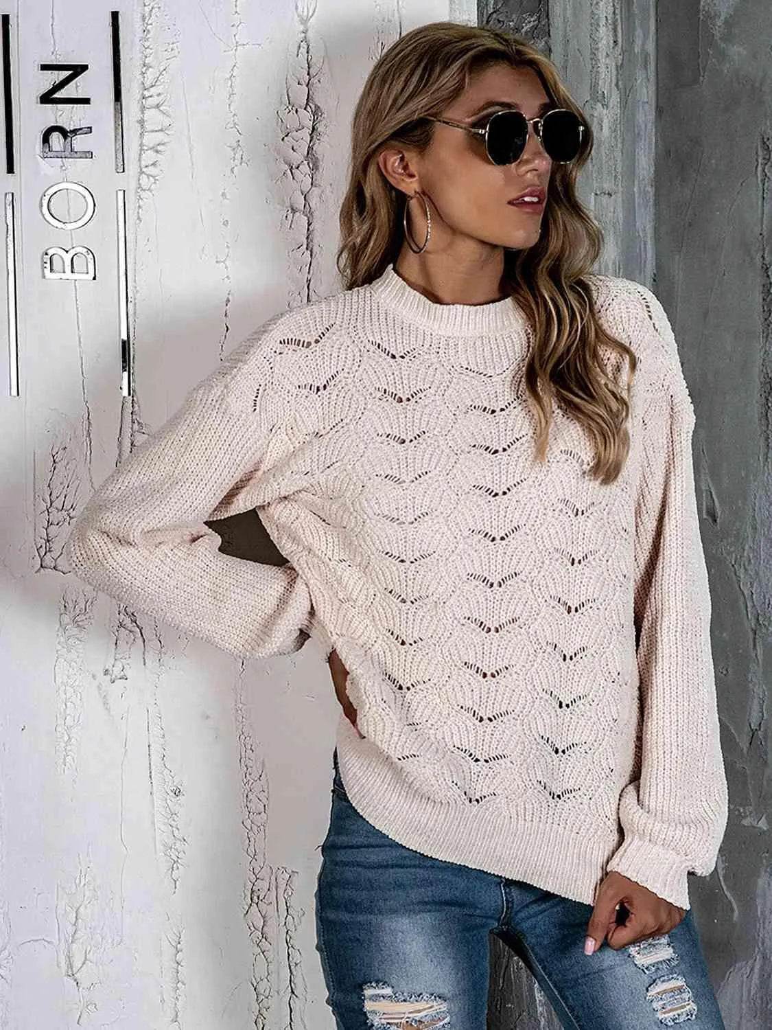 Openwork Mock Neck Long Sleeve Sweater - Bona Fide Fashion