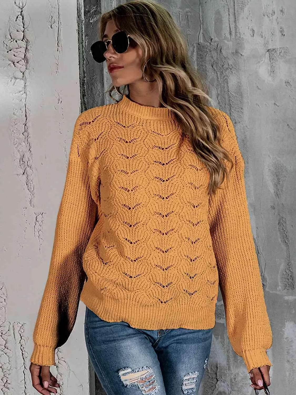 Openwork Mock Neck Long Sleeve Sweater - Bona Fide Fashion