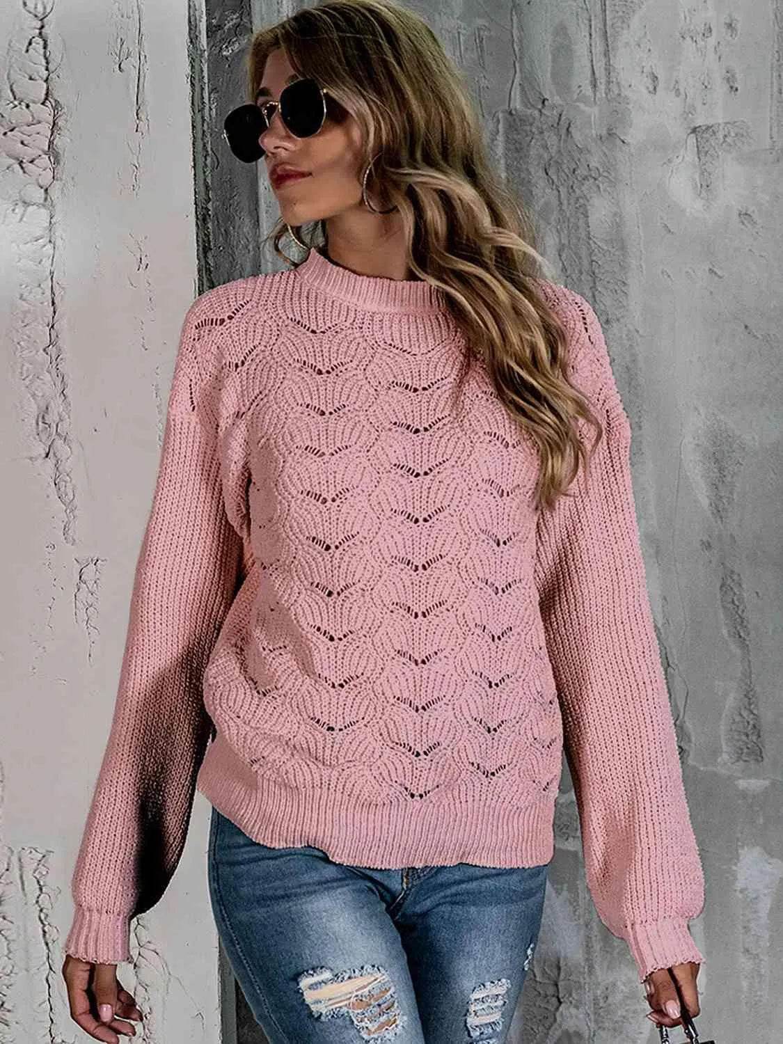 Openwork Mock Neck Long Sleeve Sweater - Bona Fide Fashion