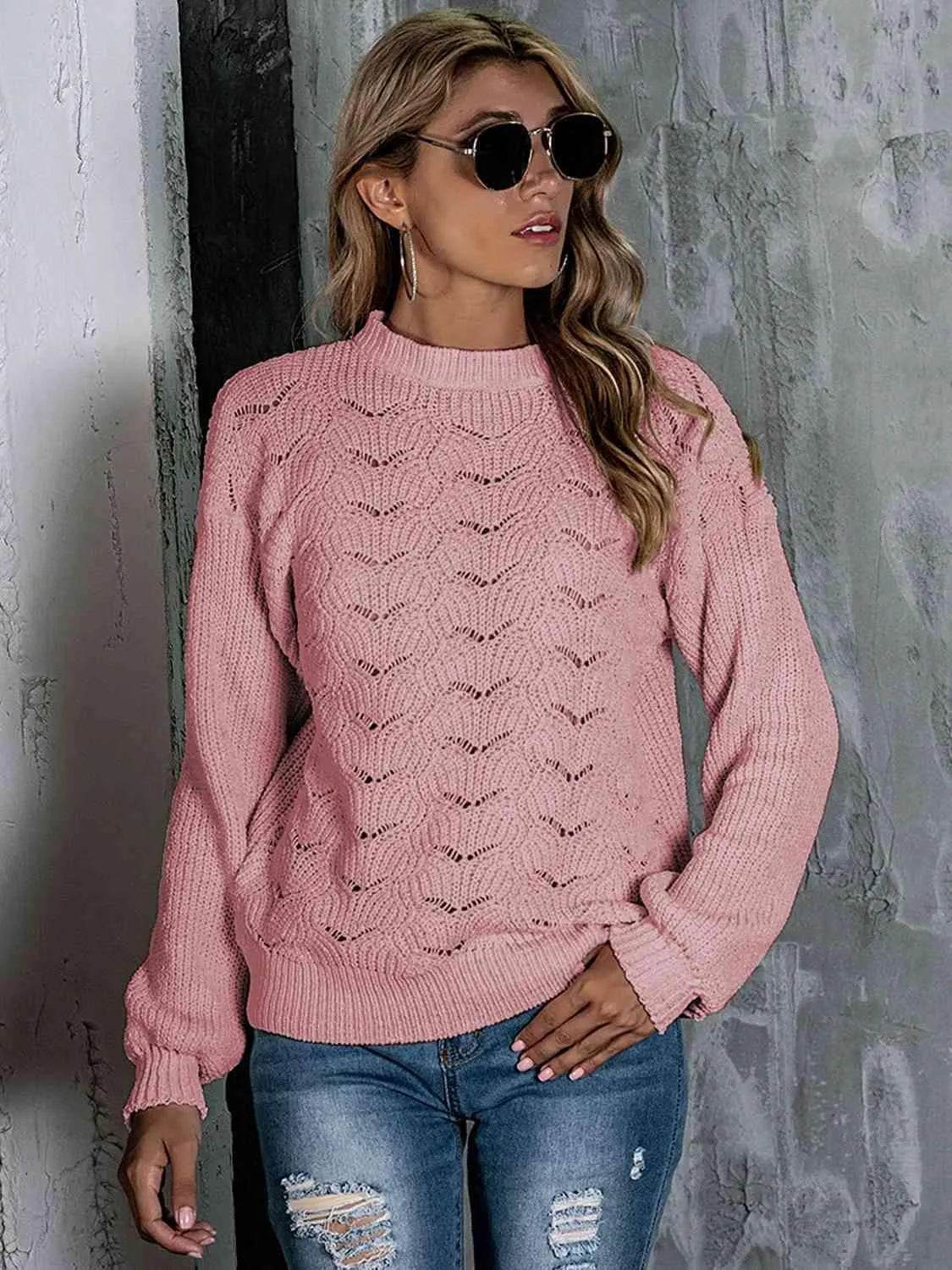 Openwork Mock Neck Long Sleeve Sweater - Bona Fide Fashion