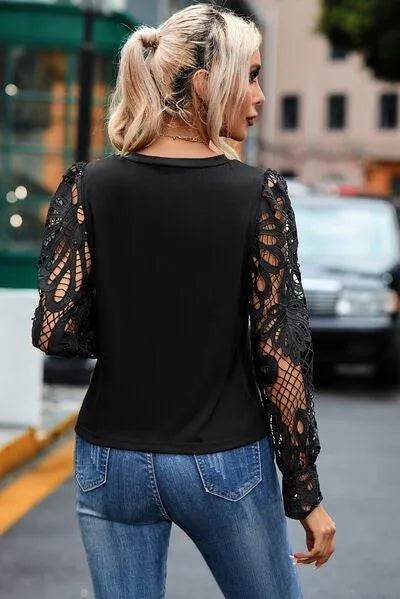 Openwork Round Neck Long Sleeve Blouse - Bona Fide Fashion