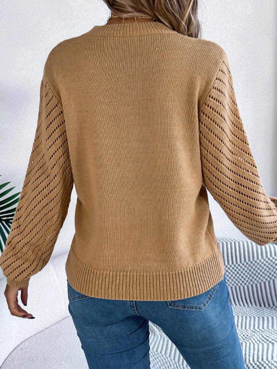 Openwork Round Neck Long Sleeve Knit Top - Bona Fide Fashion