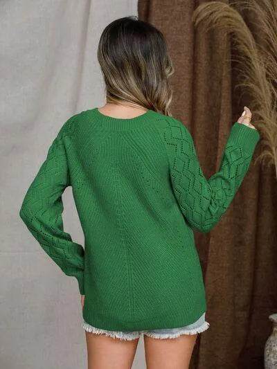 Openwork Round Neck Raglan Sleeve Sweater - Bona Fide Fashion