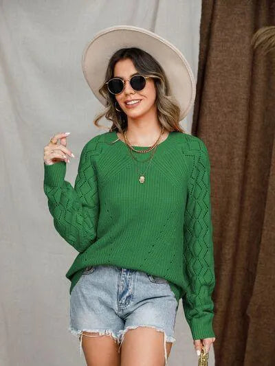 Openwork Round Neck Raglan Sleeve Sweater - Bona Fide Fashion