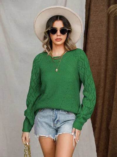 Openwork Round Neck Raglan Sleeve Sweater - Bona Fide Fashion