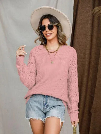 Openwork Round Neck Raglan Sleeve Sweater - Bona Fide Fashion