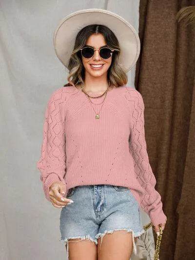 Openwork Round Neck Raglan Sleeve Sweater - Bona Fide Fashion