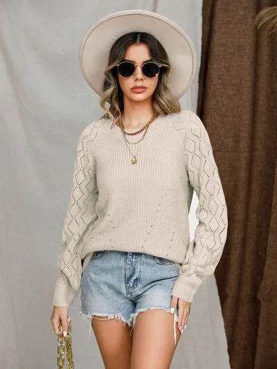 Openwork Round Neck Raglan Sleeve Sweater - Bona Fide Fashion
