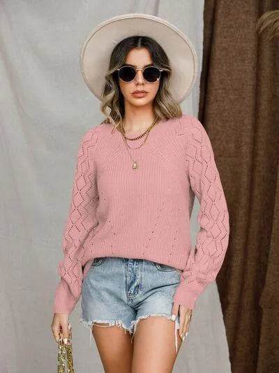 Openwork Round Neck Raglan Sleeve Sweater - Bona Fide Fashion