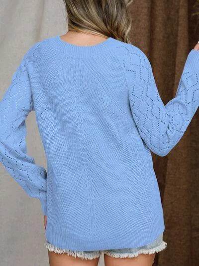 Openwork Round Neck Raglan Sleeve Sweater - Bona Fide Fashion
