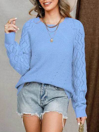 Openwork Round Neck Raglan Sleeve Sweater - Bona Fide Fashion