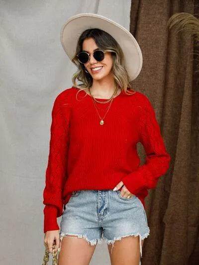 Openwork Round Neck Raglan Sleeve Sweater - Bona Fide Fashion