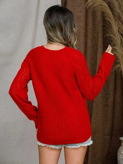 Openwork Round Neck Raglan Sleeve Sweater - Bona Fide Fashion