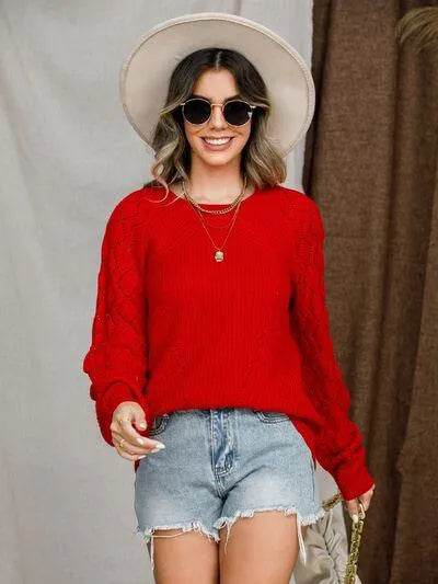 Openwork Round Neck Raglan Sleeve Sweater - Bona Fide Fashion