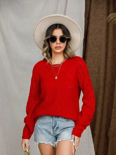Openwork Round Neck Raglan Sleeve Sweater - Bona Fide Fashion