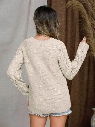 Openwork Round Neck Raglan Sleeve Sweater - Bona Fide Fashion