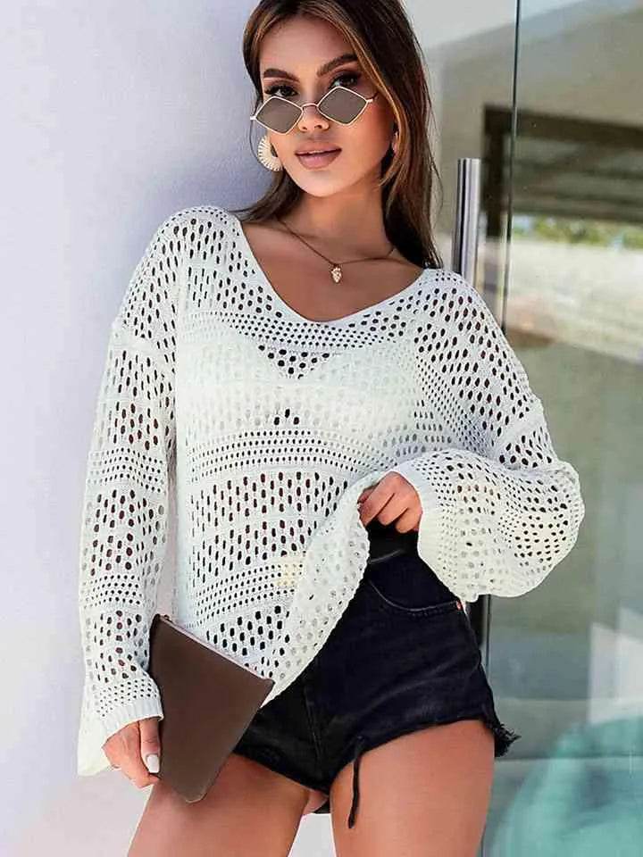 Openwork V-Neck Long Sleeve Knit Top - Bona Fide Fashion