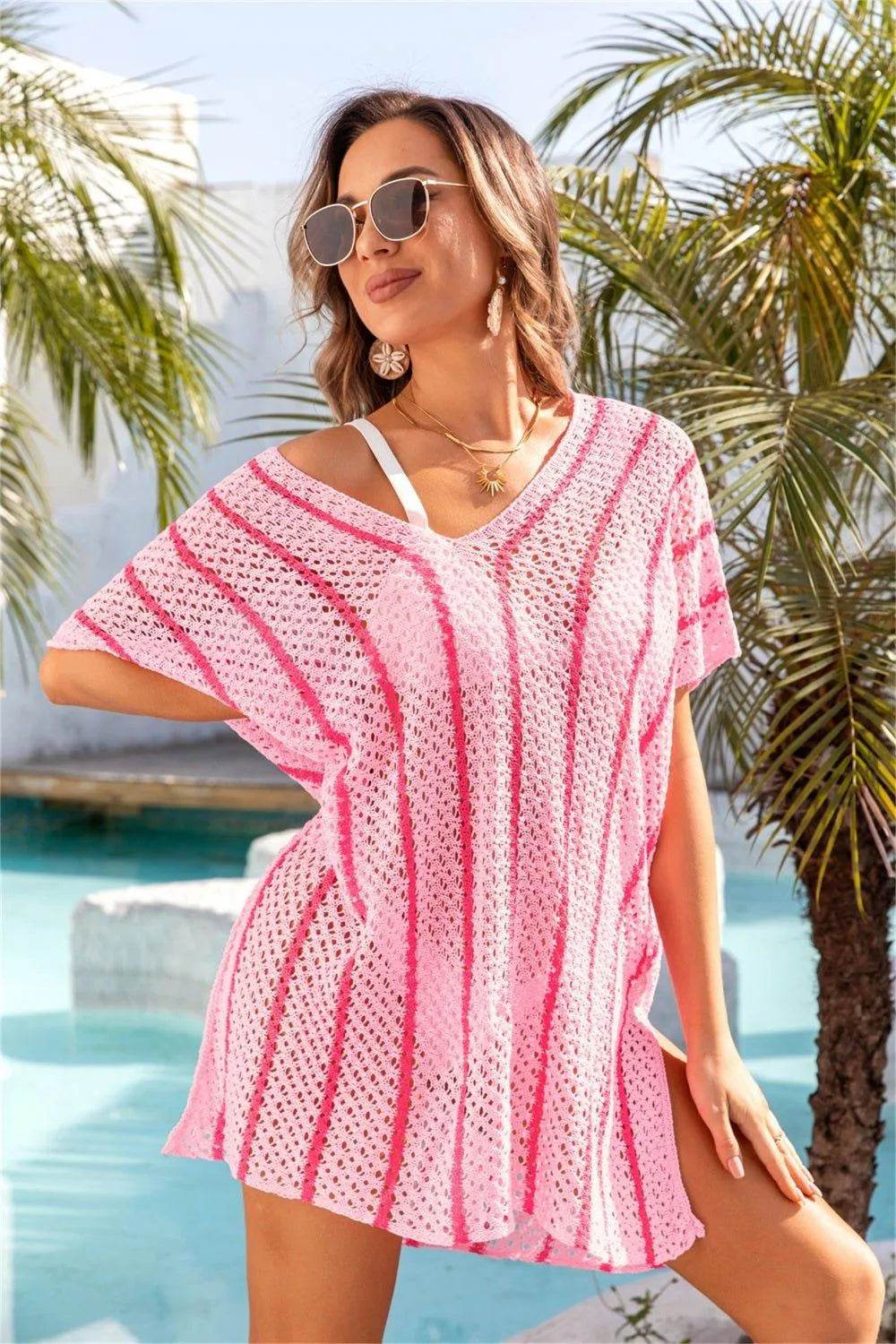 Bona Fide Fashion - Openwork V-Neck Short Sleeve Cover Up - Women Fashion - Bona Fide Fashion
