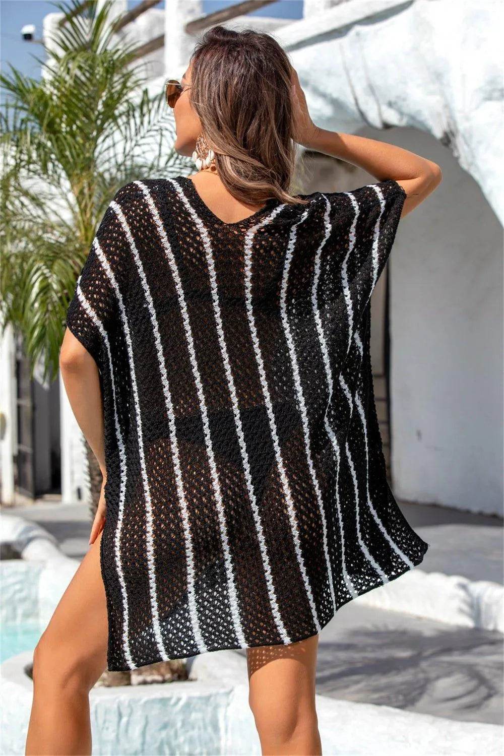 Bona Fide Fashion - Openwork V-Neck Short Sleeve Cover Up - Women Fashion - Bona Fide Fashion