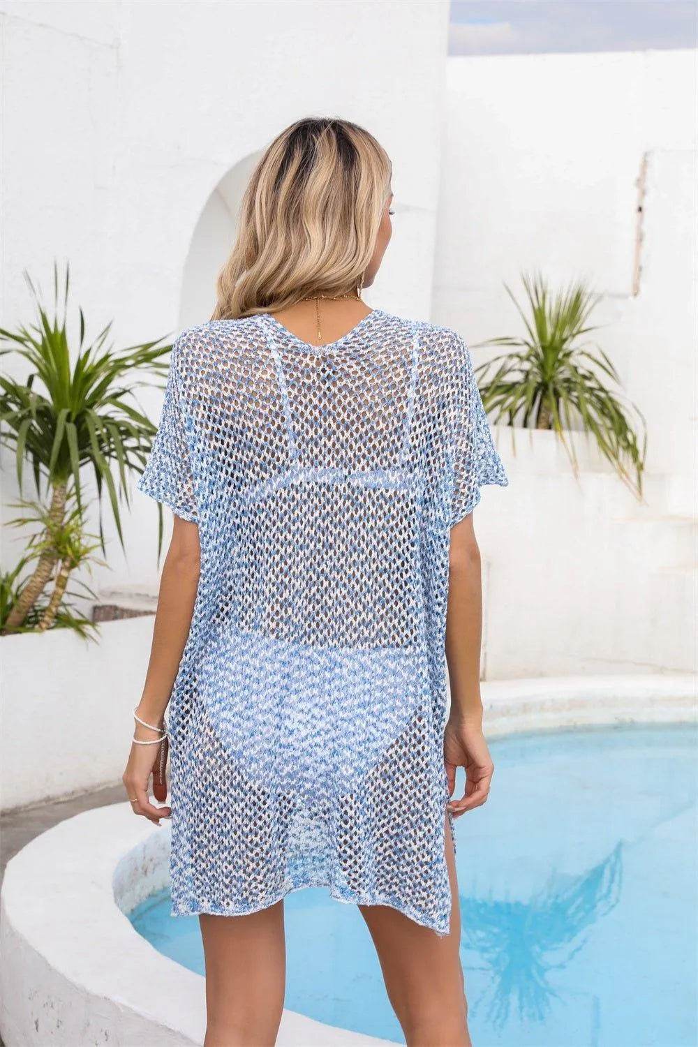 Bona Fide Fashion - Openwork V-Neck Short Sleeve Cover Up - Women Fashion - Bona Fide Fashion