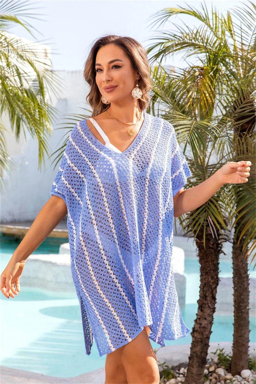 Bona Fide Fashion - Openwork V-Neck Short Sleeve Cover Up - Women Fashion - Bona Fide Fashion
