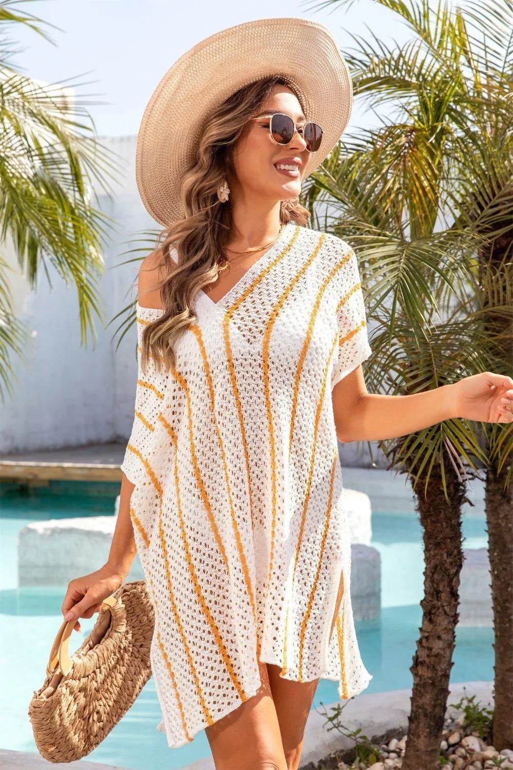 Bona Fide Fashion - Openwork V-Neck Short Sleeve Cover Up - Women Fashion - Bona Fide Fashion