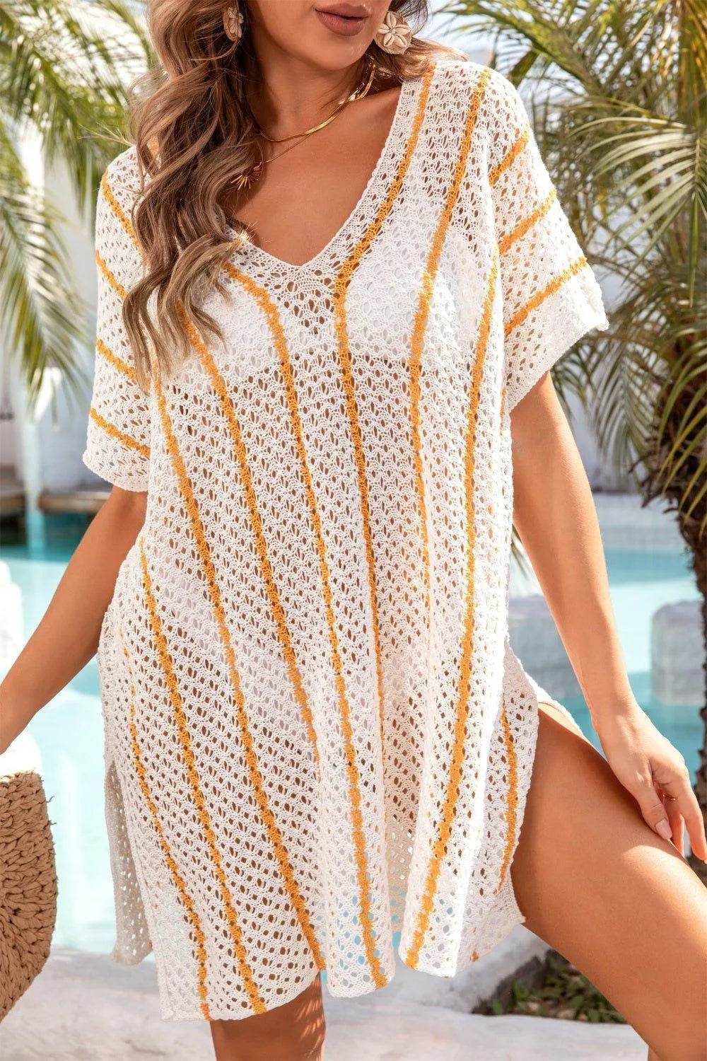 Bona Fide Fashion - Openwork V-Neck Short Sleeve Cover Up - Women Fashion - Bona Fide Fashion