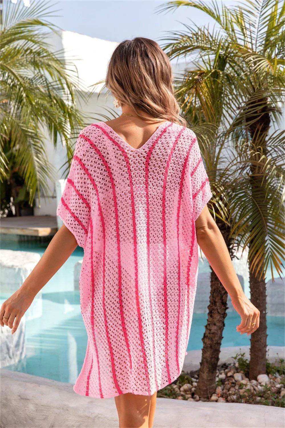 Bona Fide Fashion - Openwork V-Neck Short Sleeve Cover Up - Women Fashion - Bona Fide Fashion