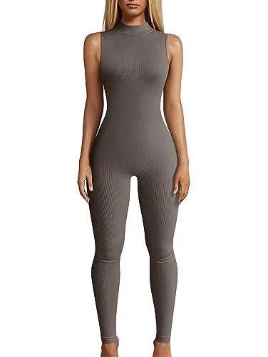OQQ Women Yoga Jumpsuits Workout Ribbed Sleeveless High Neck Tops Jumpsuits - Bona Fide Fashion