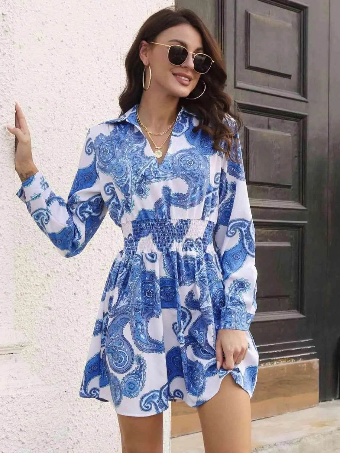 Paisley Print Johnny Collar Smocked Dress - Bona Fide Fashion