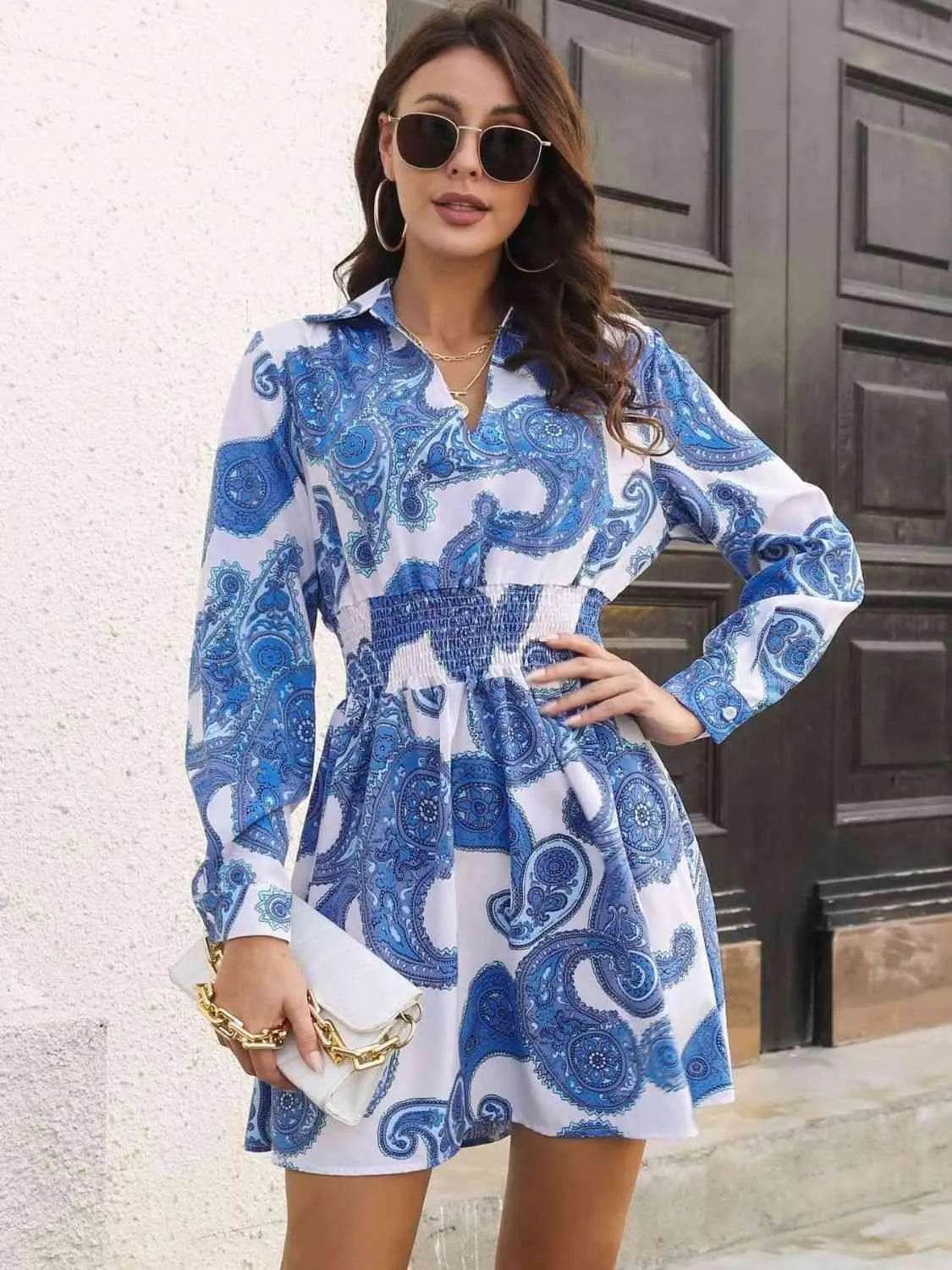 Paisley Print Johnny Collar Smocked Dress - Bona Fide Fashion