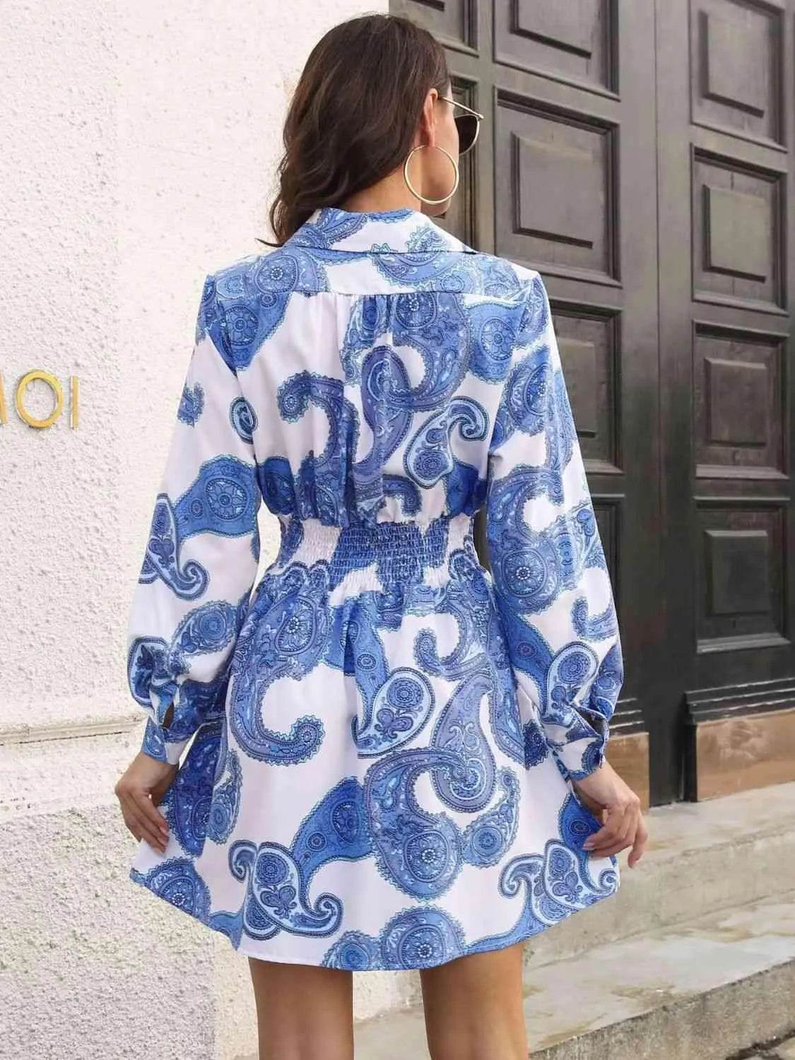 Paisley Print Johnny Collar Smocked Dress - Bona Fide Fashion