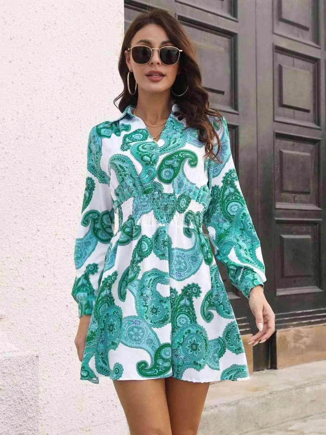 Paisley Print Johnny Collar Smocked Dress - Bona Fide Fashion