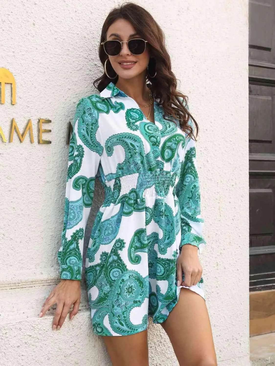 Paisley Print Johnny Collar Smocked Dress - Bona Fide Fashion
