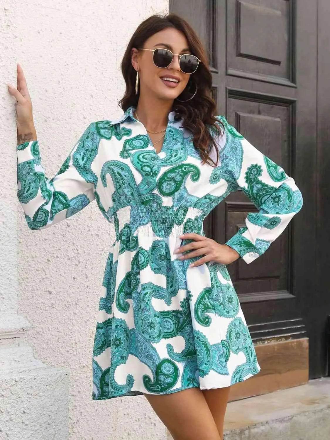 Paisley Print Johnny Collar Smocked Dress - Bona Fide Fashion