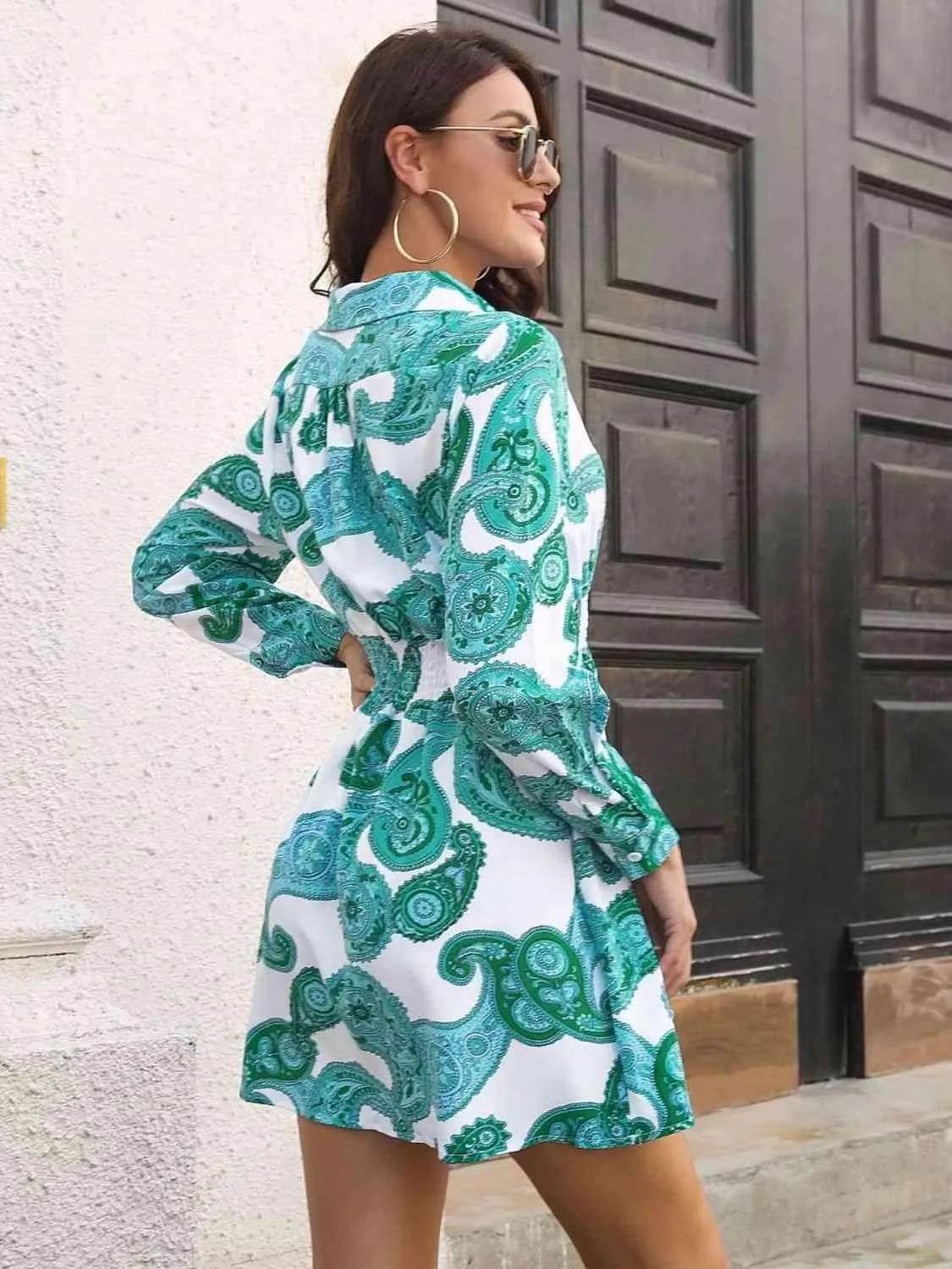 Paisley Print Johnny Collar Smocked Dress - Bona Fide Fashion