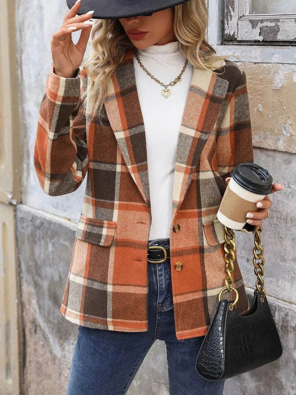 Perfee Plaid Button Down Lapel Collar Blazer - Bona Fide Fashion