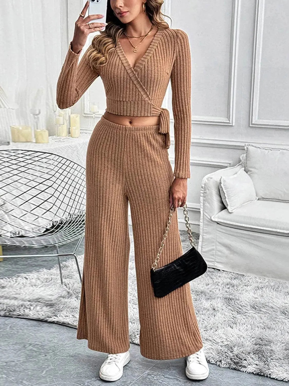 Perfee Surplice Long Sleeve Top and Pants Set - Bona Fide Fashion