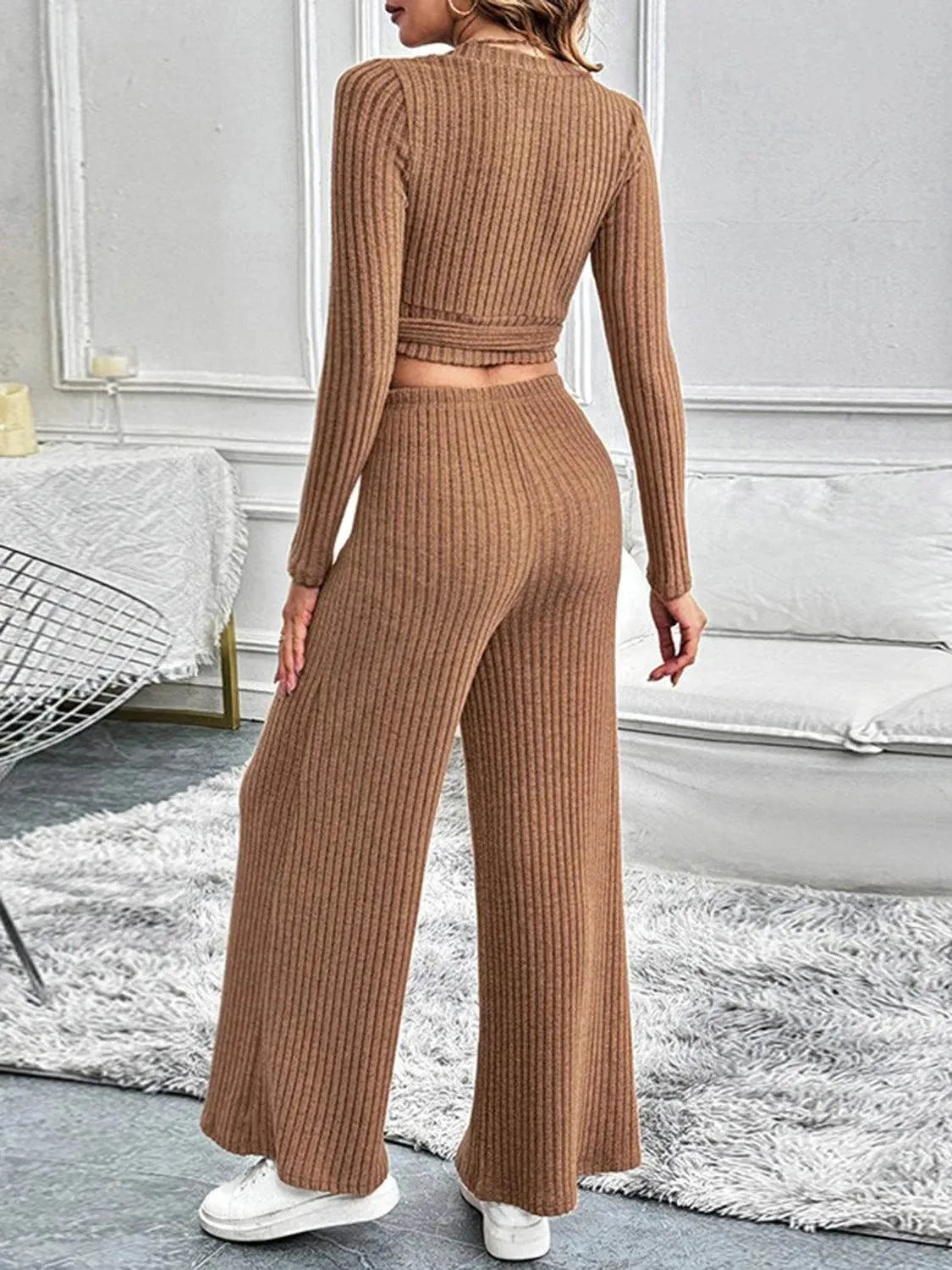 Perfee Surplice Long Sleeve Top and Pants Set - Bona Fide Fashion